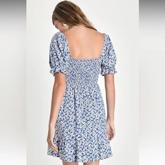 NWT Lulus Grateful Feelings Blue Floral Print Puff Sleeve Mini Dress Medium - Picture 2 of 8